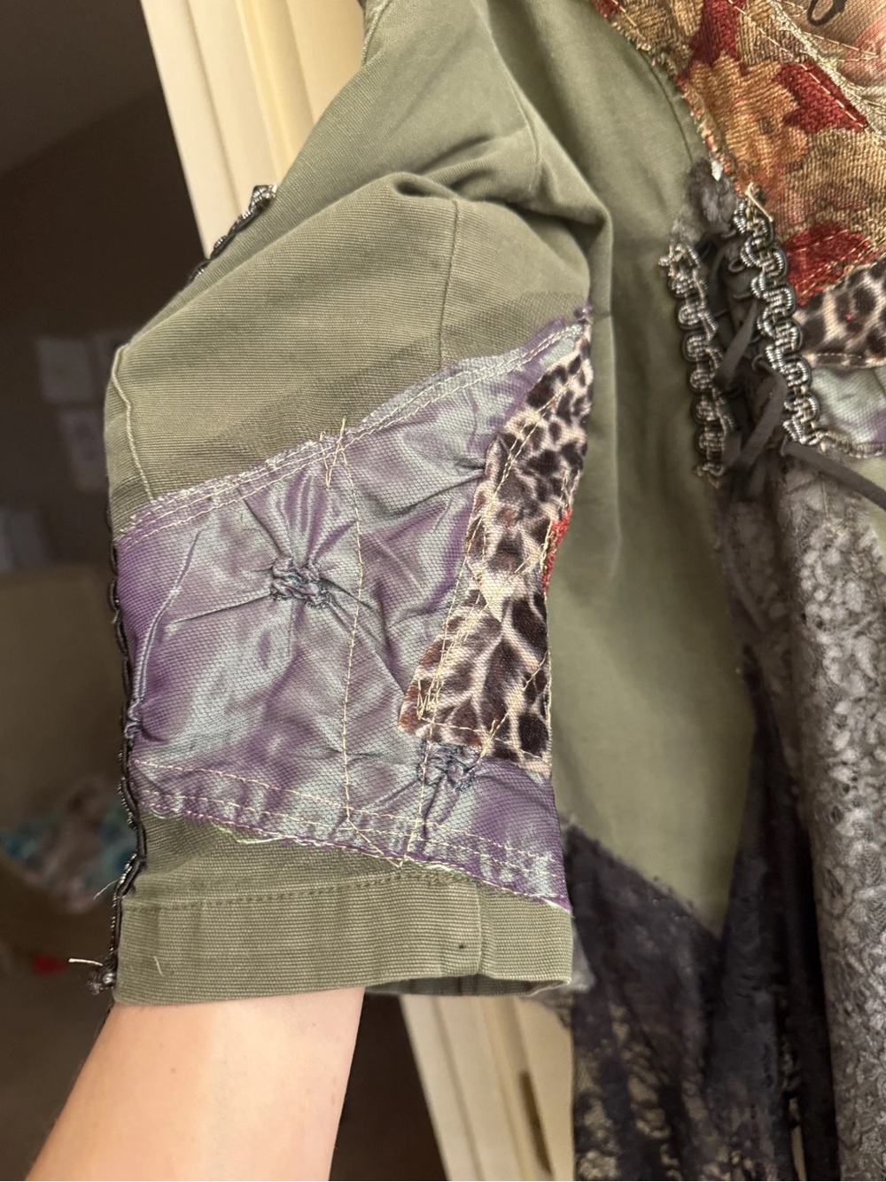 Hand Crafted Olive Green Patchwork Military Jacket with Lace Panels - Picture 5 of 10